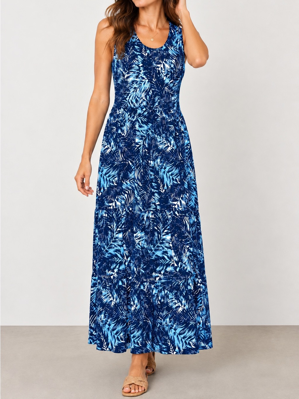 Cuddl Duds Navy Palms Sleeveless Maxi Dress Soft Casual Pockets Size S